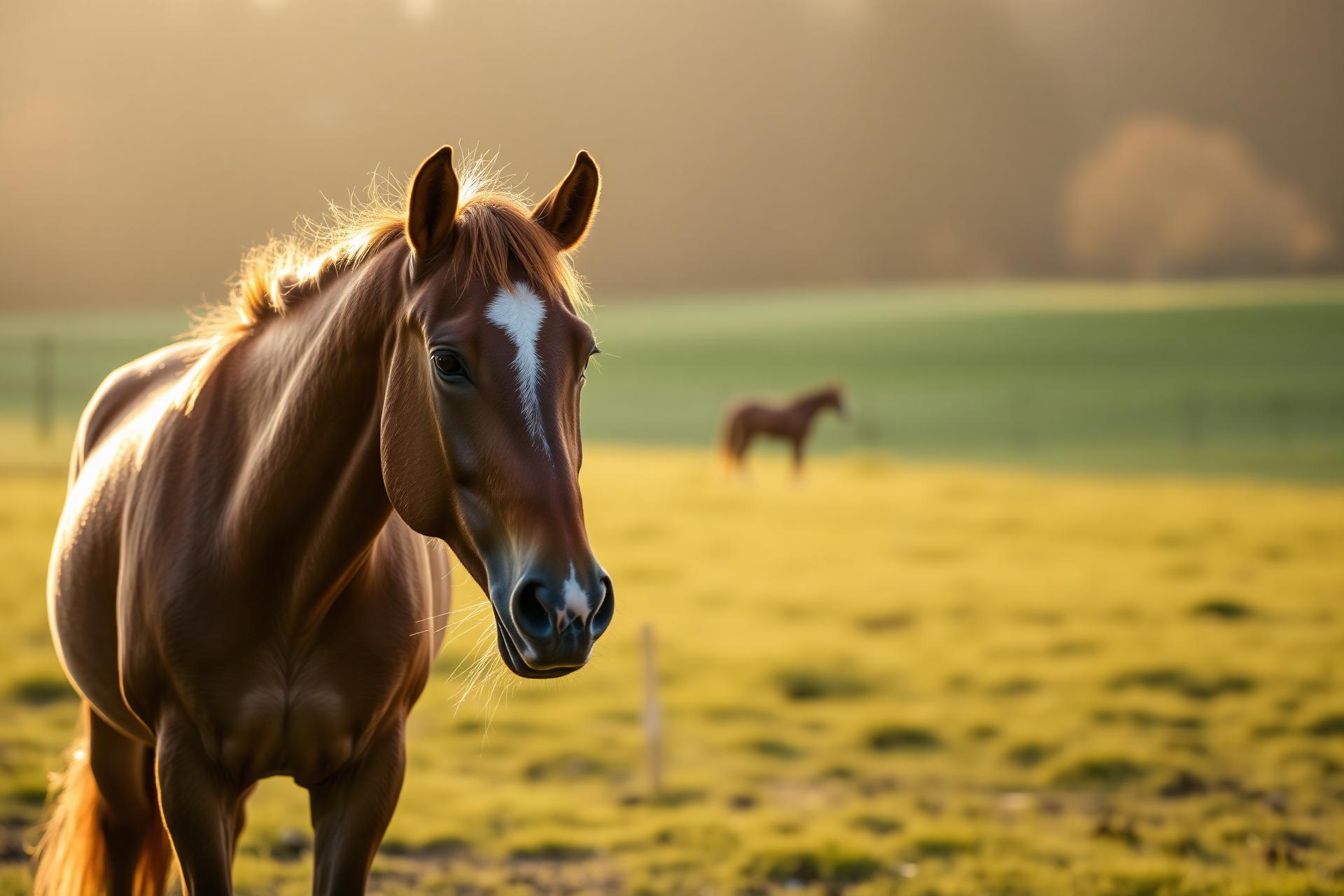 A rescued chestnut horse in a golden pasture at sunset