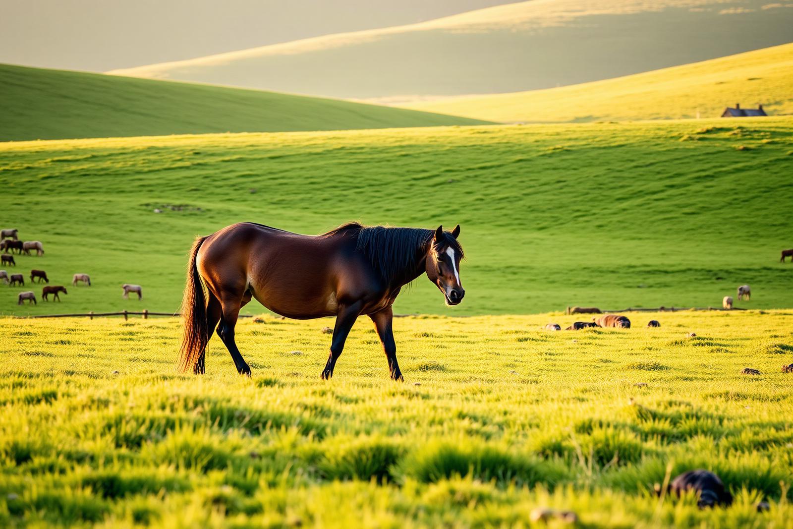 Rescued horses grazing in a rolling green pasture at golden hour