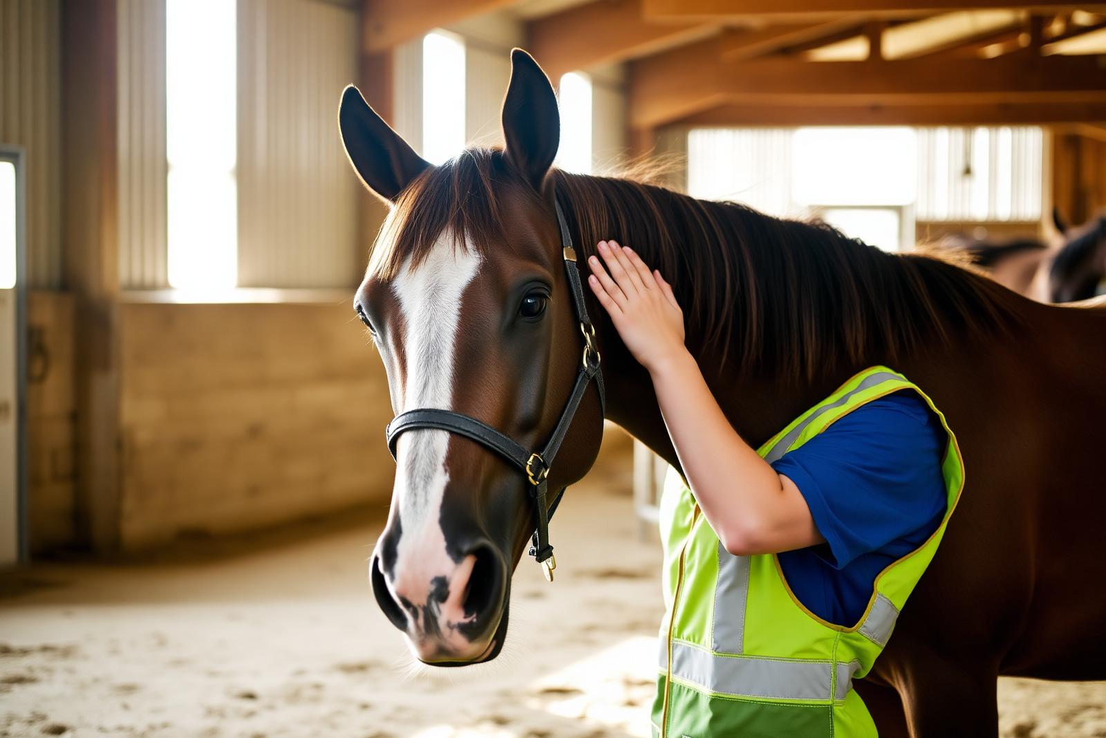 A volunteer gently grooming a rescued horse in a sunlit stable
